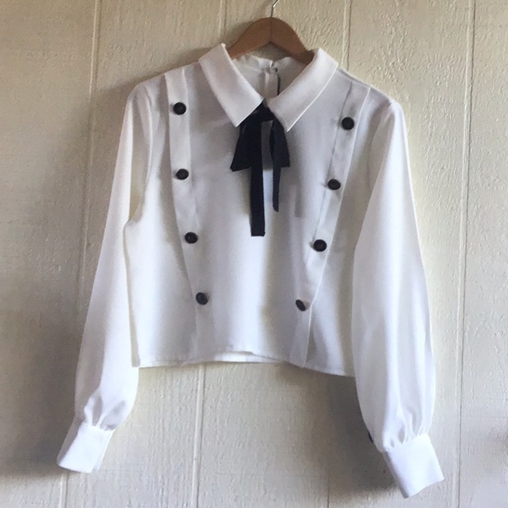 Storets Lucy gold buttons cropped black ribbon tie blouse - Picture 15 of 16